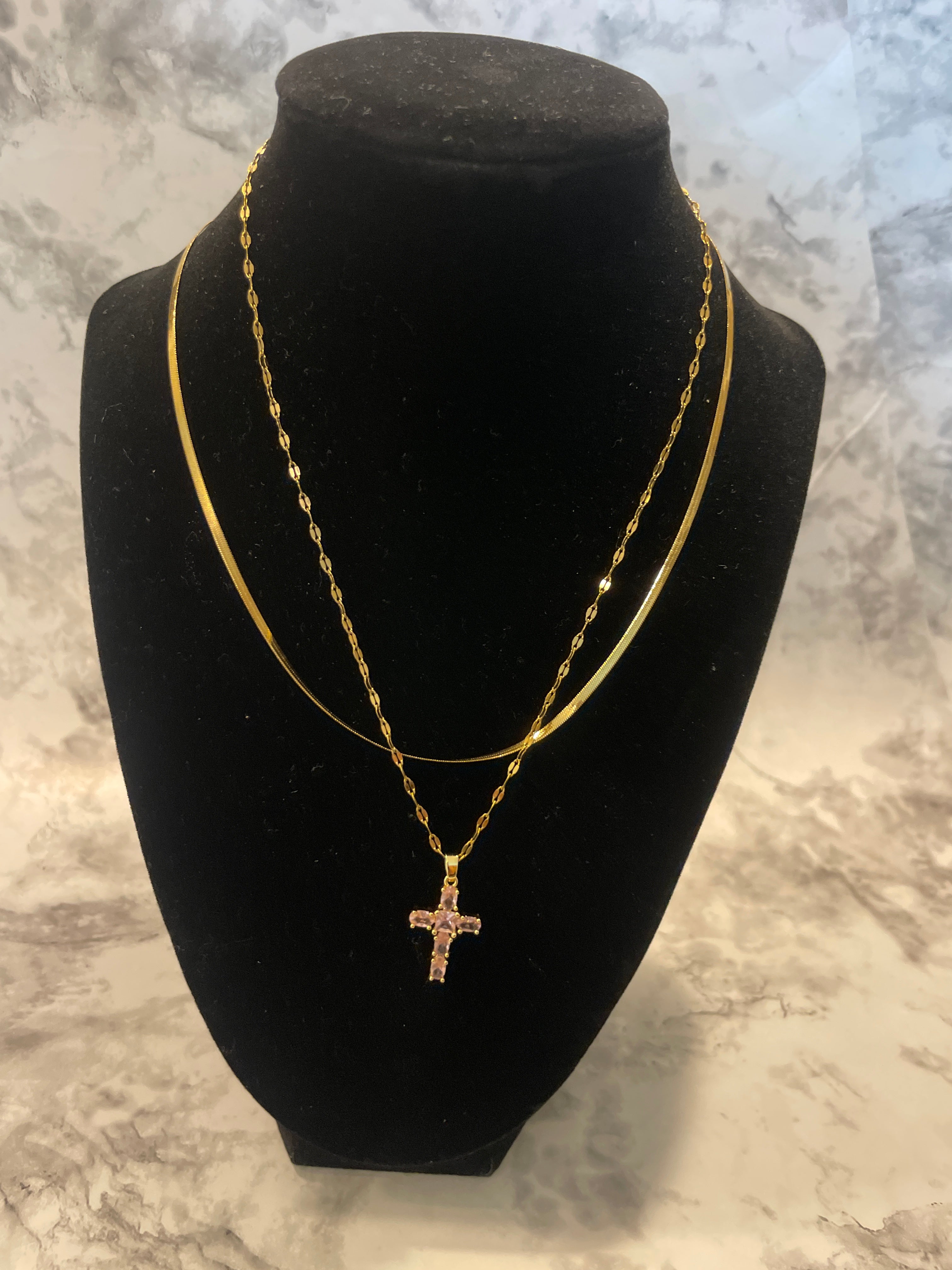Pink Geometric Cross Pendant Necklace